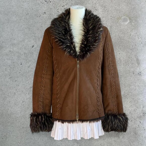 Y2k Brown Coat with Faux Fur trim - Picture 2 of 8